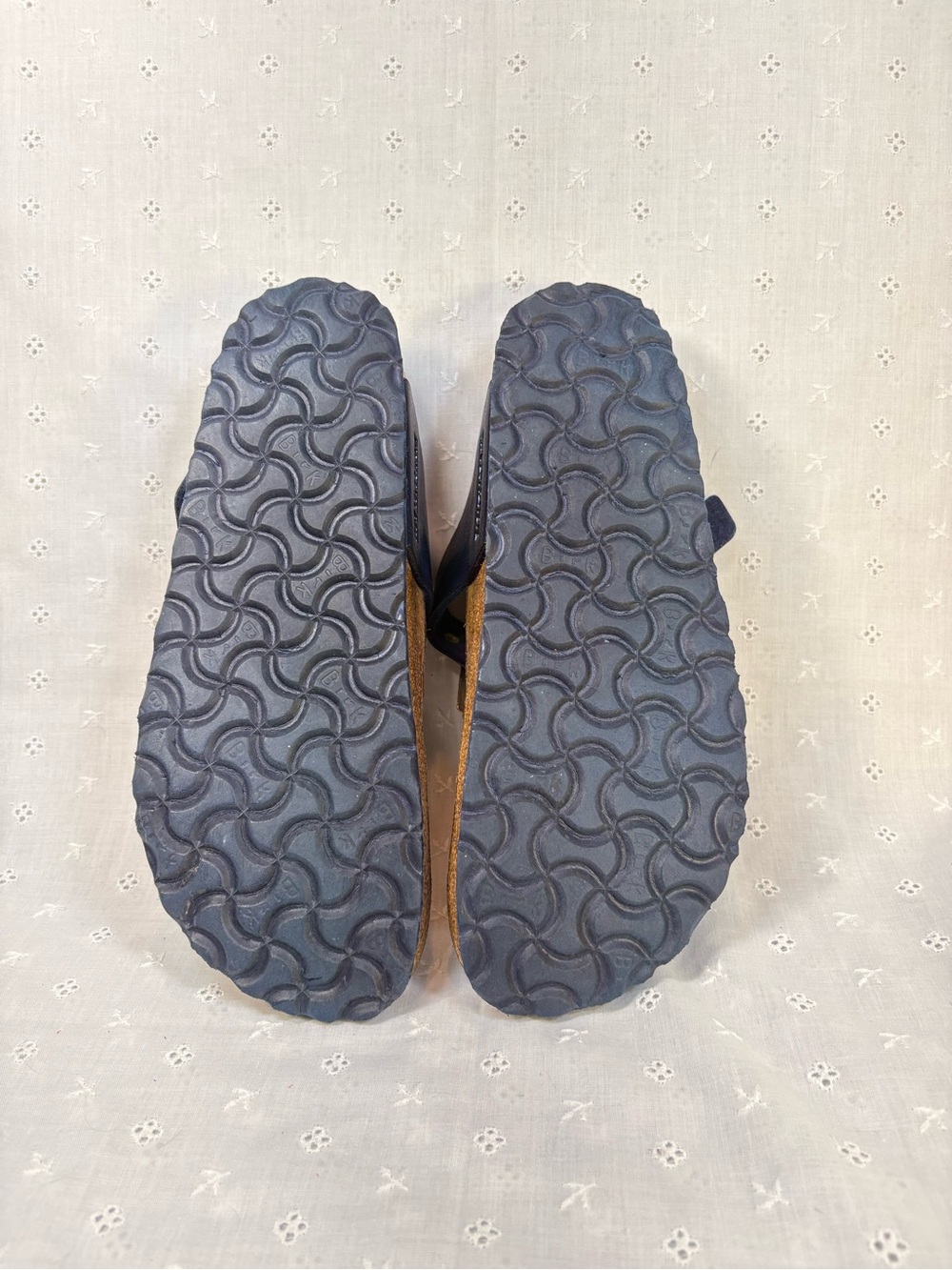 Birkenstock Navy Metalic T-Strap Sandals with Gold Metal Fringe Accents - Picture 7 of 8